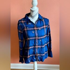 Karen Kane Plaid and Embroidery Flowers Shirt